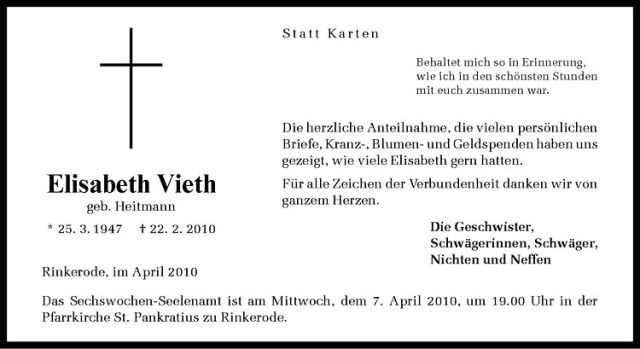  Traueranzeige für Elisabeth Vieth vom 02.04.2010 aus Westfälische Nachrichten