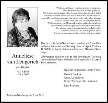 Anzeige von Anneliese van Lengerich von Westfälische Nachrichten