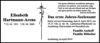 Anzeige von Elisabeth Hartmann-Arens von Westfälische Nachrichten
