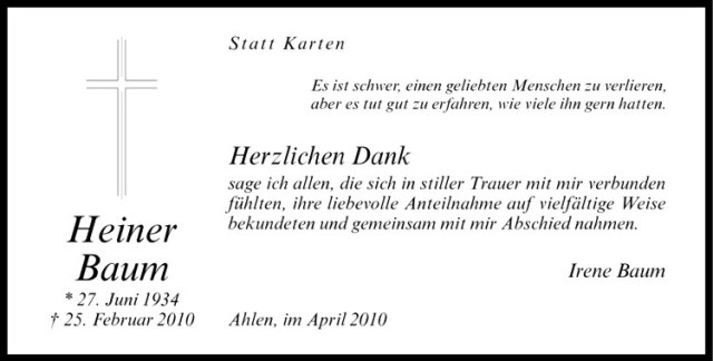  Traueranzeige für Heiner Baum vom 07.04.2010 aus Westfälische Nachrichten