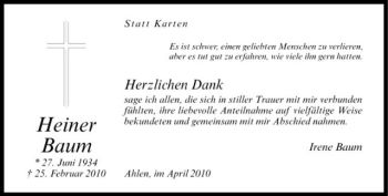 Anzeige von Heiner Baum von Westfälische Nachrichten