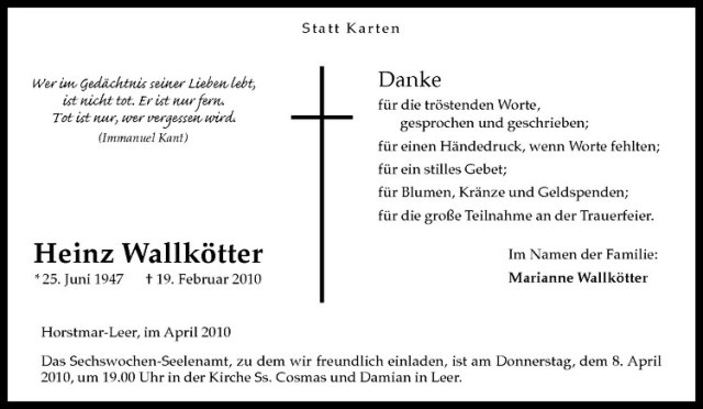  Traueranzeige für Heinz Wallkötter vom 02.04.2010 aus Westfälische Nachrichten