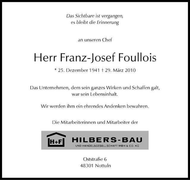  Traueranzeige für Franz-Josef Foullois vom 02.04.2010 aus Westfälische Nachrichten