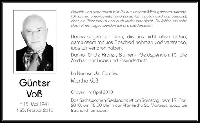  Traueranzeige für Günter Voß vom 10.04.2010 aus Westfälische Nachrichten