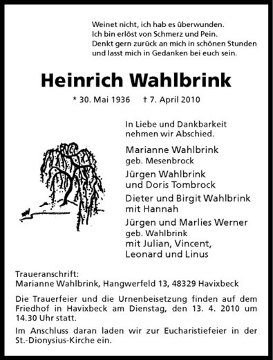 Traueranzeige für Heinrich Wahlbrink vom 10.04.2010 aus Westfälische Nachrichten
