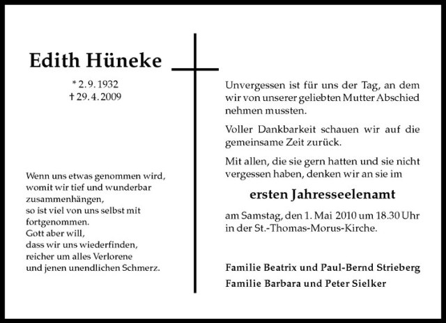  Traueranzeige für Edith Hüneke vom 24.04.2010 aus Westfälische Nachrichten