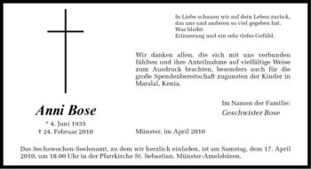 Anzeige von Anni Bose von Westfälische Nachrichten
