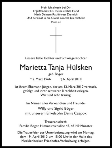  Traueranzeige für Heinz Jürgen und  Marietta Tanja Hülsken vom 14.04.2010 aus Westfälische Nachrichten