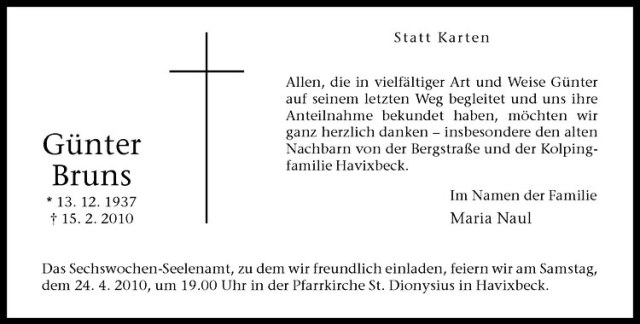  Traueranzeige für Günter Bruns vom 16.04.2010 aus Westfälische Nachrichten