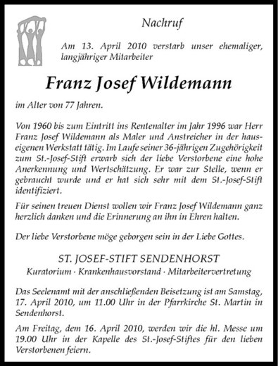  Traueranzeige für Seppl Wildemann vom 16.04.2010 aus Westfälische Nachrichten