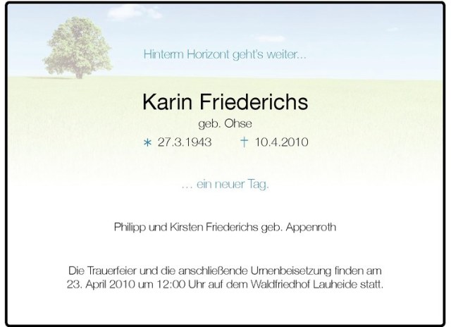  Traueranzeige für Karin  vom 17.04.2010 aus Westfälische Nachrichten