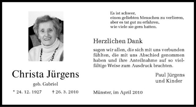  Traueranzeige für Christa Jürgens vom 17.04.2010 aus Westfälische Nachrichten
