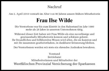 Anzeige von Ilse Wilde von Westfälische Nachrichten