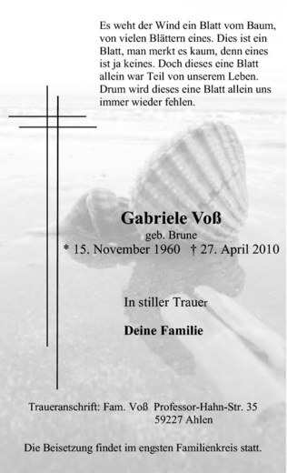  Traueranzeige für Gabriele Voß vom 01.05.2010 aus Westfälische Nachrichten