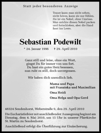  Traueranzeige für Sebastian Podewilt vom 03.05.2010 aus Westfälische Nachrichten