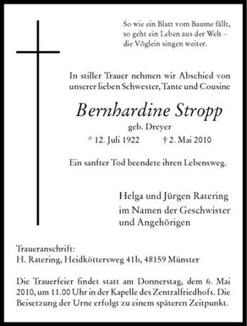 Anzeige von Bernhardine Stropp von Westfälische Nachrichten