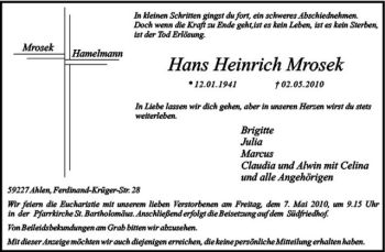 Anzeige von Hans Heinrich Mrosek von Westfälische Nachrichten