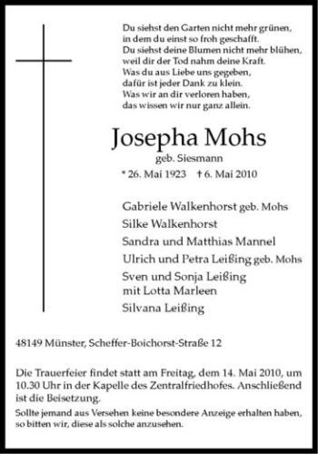 Anzeige von Josepha Mohs von Westfälische Nachrichten