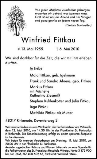 Anzeige von Winfried Fittkau von Westfälische Nachrichten