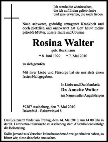 Anzeige von Rosina Walter von Westfälische Nachrichten