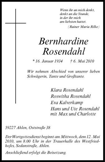 Anzeige von Bernhardine Rosendahl von Westfälische Nachrichten
