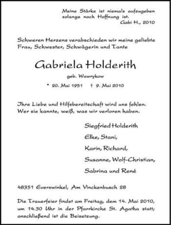 Anzeige von Gabriela Holderith von Westfälische Nachrichten