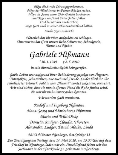  Traueranzeige für Gabriele Hißmann vom 12.05.2010 aus Westfälische Nachrichten