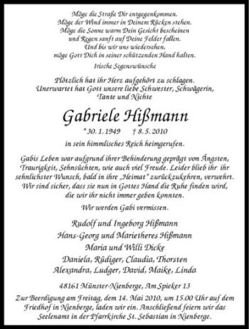 Anzeige von Gabriele Hißmann von Westfälische Nachrichten