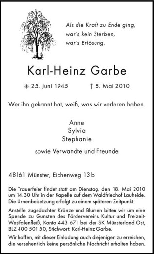  Traueranzeige für Karl-Heinz Garbe vom 12.05.2010 aus Westfälische Nachrichten