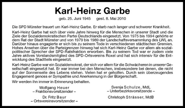  Traueranzeige für Karl-Heinz Garbe vom 13.05.2010 aus Westfälische Nachrichten