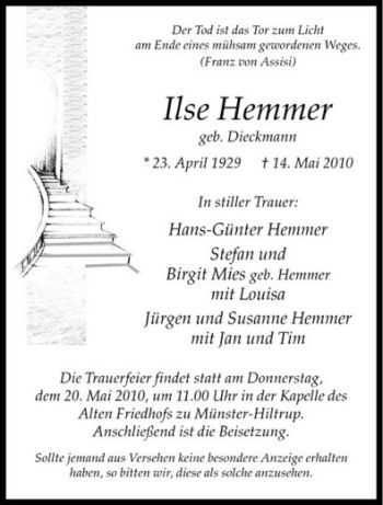 Anzeige von Ilse Hemmer von Westfälische Nachrichten