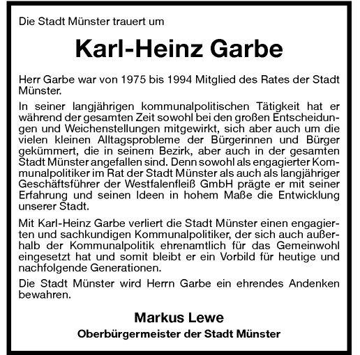  Traueranzeige für Karl-Heinz Garbe vom 18.05.2010 aus Westfälische Nachrichten
