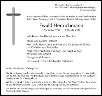 Anzeige von Ewald Henrichmann von Westfälische Nachrichten