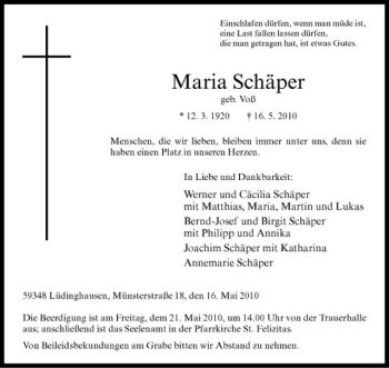 Anzeige von Maria Schäper von Westfälische Nachrichten