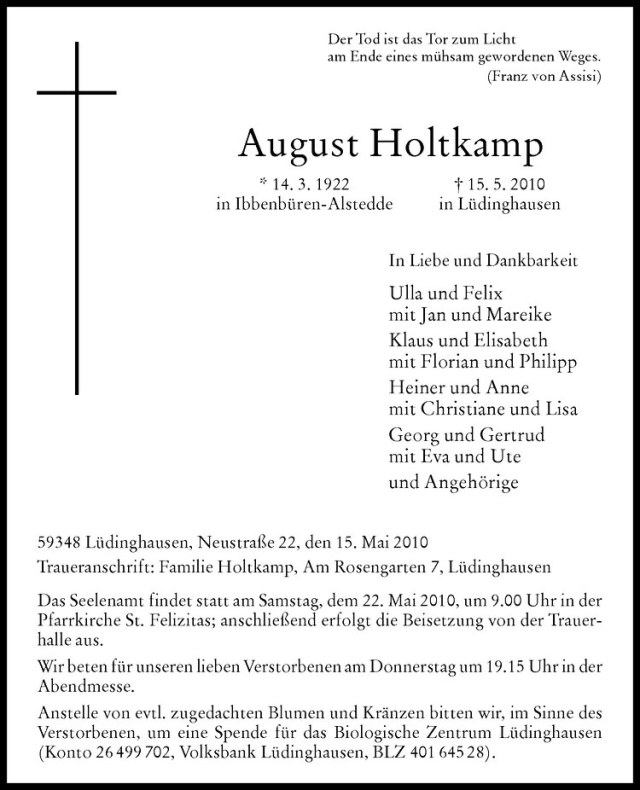  Traueranzeige für August Holtkamp vom 18.05.2010 aus Westfälische Nachrichten
