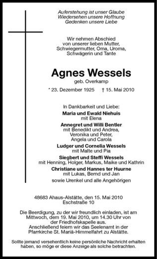 Anzeige von Agnes Wessels von Westfälische Nachrichten