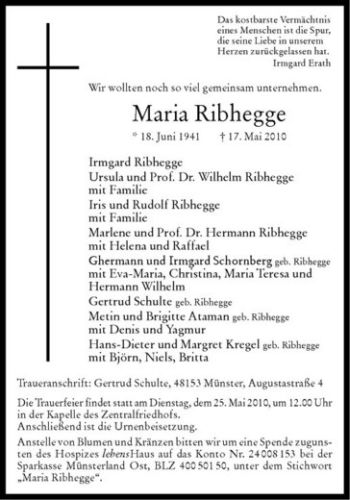 Anzeige von Maria Ribhegge von Westfälische Nachrichten
