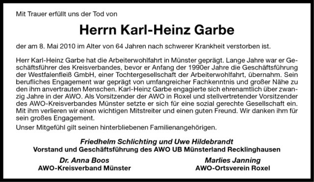  Traueranzeige für Karl-Heinz Garbe vom 18.05.2010 aus Westfälische Nachrichten