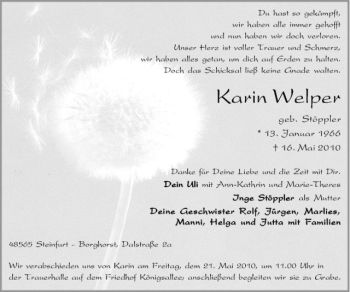 Anzeige von Karin Welper von Westfälische Nachrichten