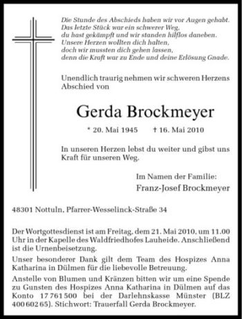 Anzeige von Gerda Brockmeyer von Westfälische Nachrichten