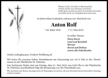 Anzeige von Anton Rolf von Westfälische Nachrichten