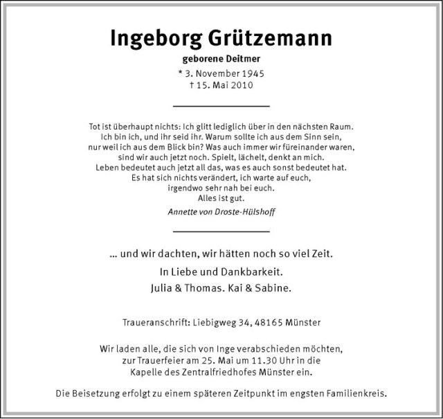  Traueranzeige für Ingeborg Grützemann vom 19.05.2010 aus Westfälische Nachrichten