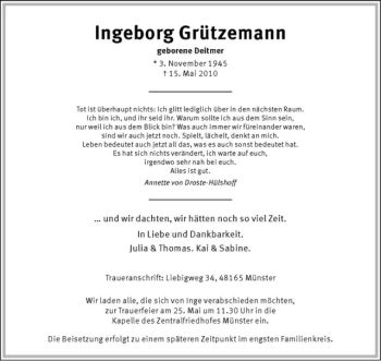 Anzeige von Ingeborg Grützemann von Westfälische Nachrichten