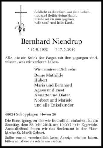 Anzeige von Bernhard Niendrup von Westfälische Nachrichten