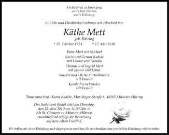 Anzeige von Käthe Mett von Westfälische Nachrichten