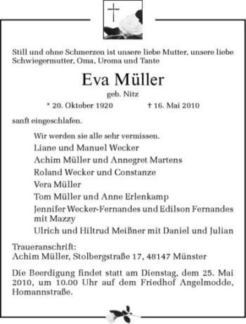 Anzeige von Eva Müller von Westfälische Nachrichten
