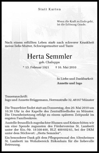 Anzeige von Herta Semmler von Westfälische Nachrichten