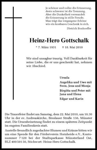 Anzeige von Heinz-Hero Gottschalk von Westfälische Nachrichten