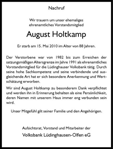  Traueranzeige für August Holtkamp vom 20.05.2010 aus Westfälische Nachrichten