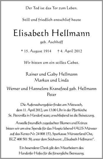 Anzeige von Elisabeth Hellmann von Westfälische Nachrichten